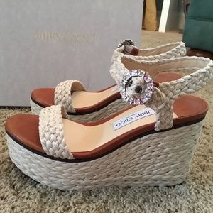Jimmy Choo raffia wedge w/ crystal buckle